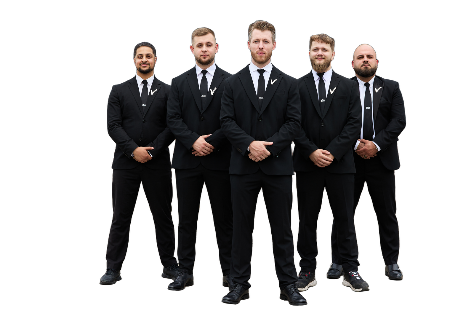 Het MSA Security team — vijf gediplomeerde beveiligers in zwart pak met V-insigne en MSA-dasspeld